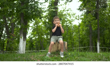 Three year old boy eats cheeseburger sitting on tree stump in park and looks at camera 4k