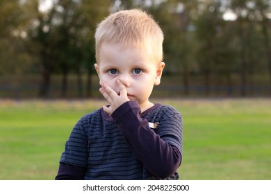 Three Year Old Toddler Boy With Snot Runny Nose Allergy Virus Ill Boy