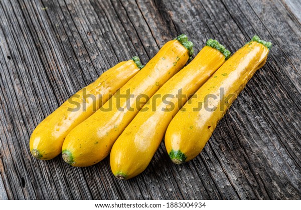 Three yellow zucchini isolated on a white\
background. Yellow courgettes. Yellow\
squash.