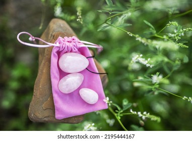 Three Yoni Eggs In Nature. Rose Quartz Crystal Jade Egg.