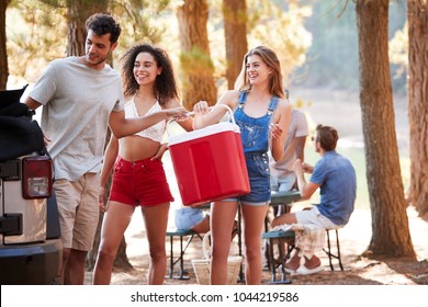 Three Young Adult Friends With A Cool Box By A Lake