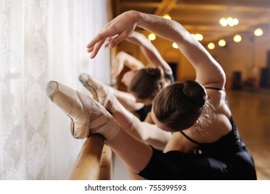 three young cute ballerinas perform exercises on a choreographic machine or barre on the background of a ballet class - Shutterstock ID 755399593