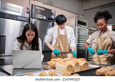 Three Young Friends And Startup Partners Of Bread Dough And Pastry Foods Busy With Homemade Baking Jobs While Cooking Orders Online, Packing, And Delivering On Bakery Shop, Small Business Entrepreneur