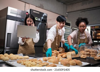 Three Young Friends And Startup Partners Of Bread Dough And Pastry Foods Busy With Homemade Baking Jobs While Cooking Orders Online, Packing, And Delivering On Bakery Shop, Small Business Entrepreneur