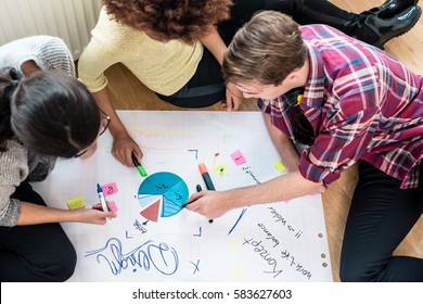 Three Young People Analyzing Pie Chart And Writing Observations On A Large Paper Sheet During Brainstorming Session
