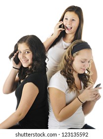 Three young teens using technology to communicate with other friends.  On a white background.