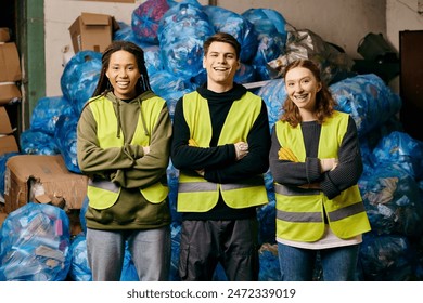 Three young volunteers in safety vests sorting plastic bags. Proactive in cleaning up the environment. - Powered by Shutterstock