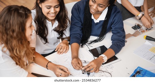 Three young women collaborating on a tech project. Diverse group of students working on electronics. Teamwork and innovation in a classroom setting. Young diverse students learning together in library - Powered by Shutterstock