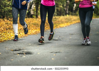 Three Young Women Runners Sports In Autumn Forest. Physical Activity In Nature