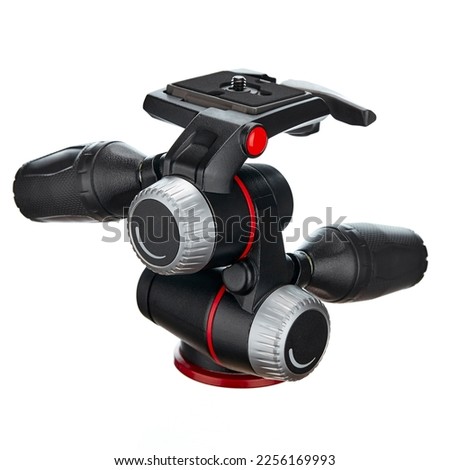 Three-axis 3D tripod head with adjustment of precise photo-camera settings, made of magnesium alloy, isolated on a white background.