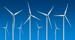 Three-bladed Wind Turbines At Different Angles, Isolated Collection On Blue Background