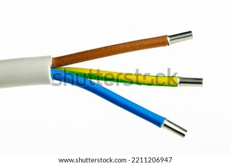 Three-core cable with ferrule, brown, blue, yellow-green