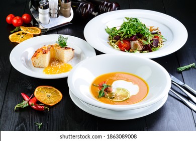 Three-course Set Menu For A Nutritious Healthy Lunch In A Restaurant, Three Course Set On A Table In A Business Lunch, Food Set Lunch