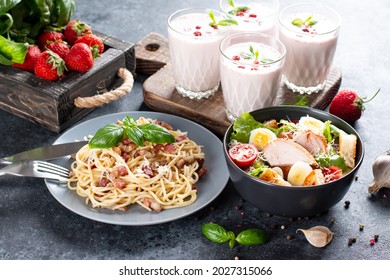 Three-course Set Menu For A Nutritious Healthy Lunch. Three Course Set On A Table In A Business Lunch, Food Set Lunch. Full Set Of Three Dishes For Lunch In A Cafe