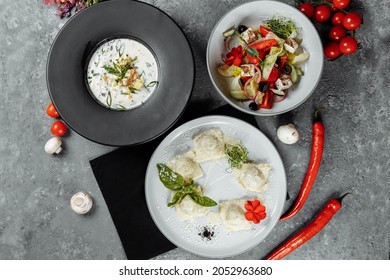 Three-course Set Menu For A Nutritious Healthy Lunch In A Restaurant, Three Course Set On A Table In A Business Lunch, Food Set Lunch.