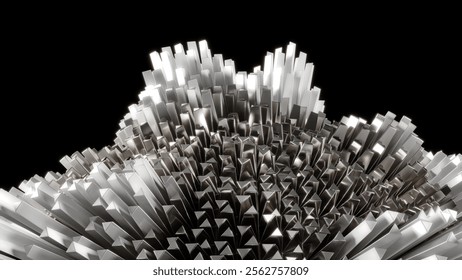 Threedimensional abstract metallic structure featuring sharp peaks, characterized by a dynamic and elegant design