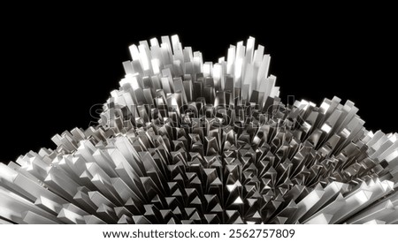 Threedimensional abstract metallic structure featuring sharp peaks, characterized by a dynamic and elegant design
