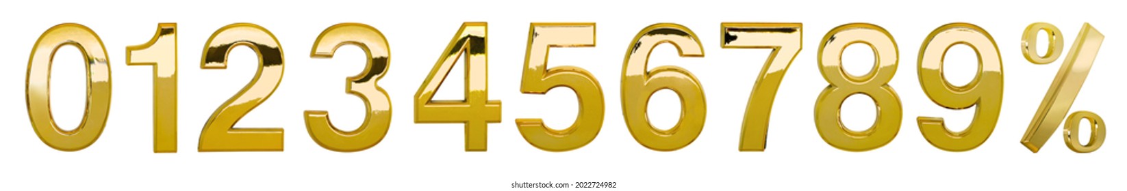 Three-dimensional arabic numerals 1, 2, 3, 4, 5, 6, 7, 8, 9, 0, % Gold-plated metal and percentage mark Photo isolated on white background. This has clipping path.                            