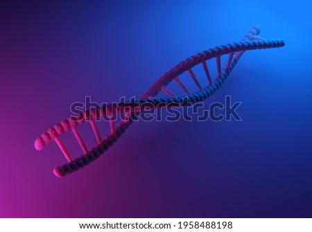 Three-dimensional molecule on blue-violet background. DNA molecule as symbol genetic engineering. 3d illustration on topic of RNA research. Study of human DNA and RNA. Background 3d with DNA malecule