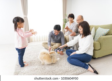 Three-generation Family Playing With Dog