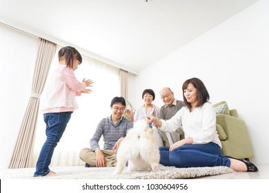 Three-generation Family Playing With Dog