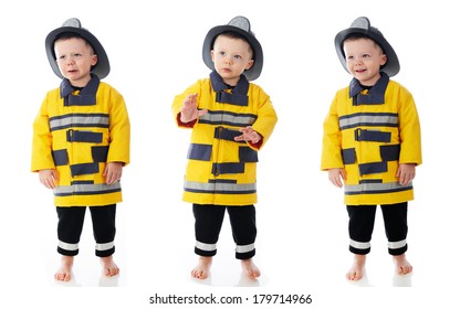 A three-image panel of a toddler in his fireman's outfit.  One is grieving, one cautious, one happy.  On a white background.