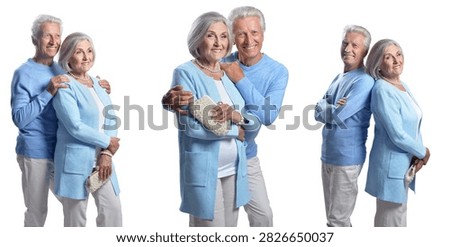 Three-panel studio image of a smiling elderly couple posing together. The woman wears a light blue cardigan and pearl necklace while holding a small clutch; the man wears a matching blue sweater. Isolated on a white background, conveying love, companionship, and healthy aging.
