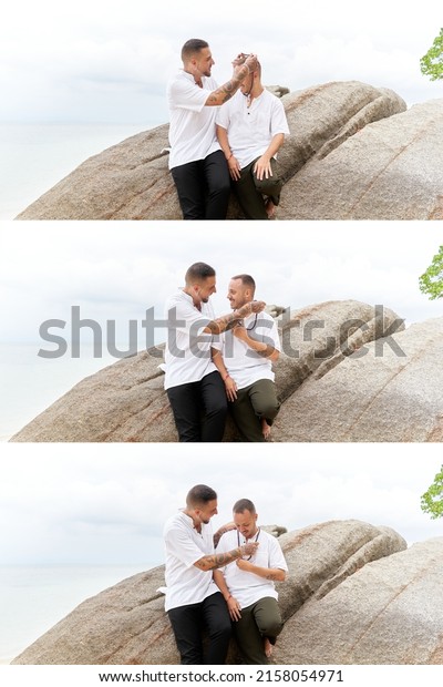 Three-part photo of a man putting a necklace on his\
gay partner on the\
beach