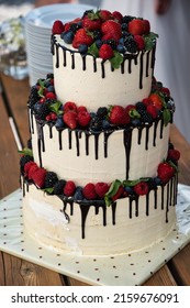 Three-tier Wedding Cake On A Plate With Berries On Top And Chocolate Running Down The Sides Of The Cake With A Stack Of Plates And Parts Of A Wedding Dress In The Background.