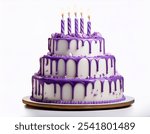 Three-tiered white birthday cake with purple dripping icing, topped with lit candles, isolated on a transparent background for festive designs