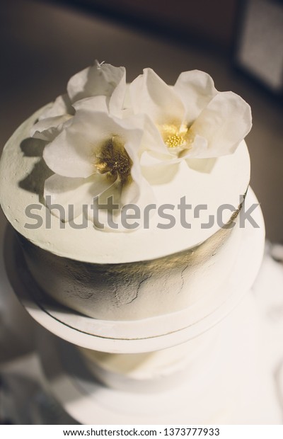 Threetiered White Wedding Cake Decorated Flowers Stock Image