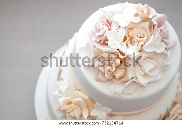 Threetiered White Wedding Cake Decorated Flowers Stock Photo Edit