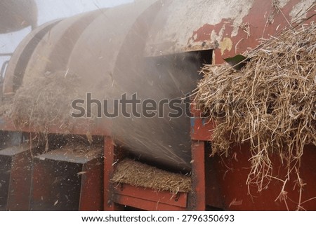 Threshing Machine Processing Straw and Grain