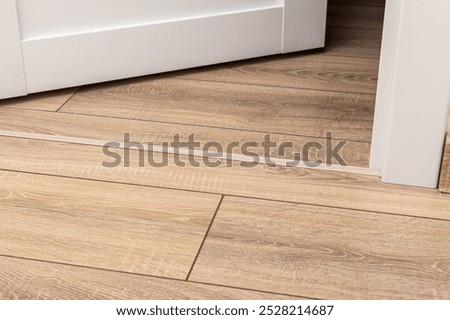 Threshold of the interior door. Thin flexible threshold on laminate. Door sill