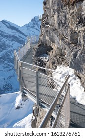 The Thrill Walk at Birg in the Swiss Alps. The steel structure hugs the cliff side and there is a vertical drop beneath. The views of the mountains are stunning. Not for the faint hearted.