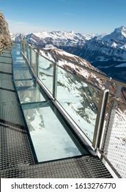 The Thrill Walk at Birg in the Swiss Alps. The steel structure hugs the cliff side and there is a vertical drop beneath. The views of the mountains are stunning. Not for the faint hearted.