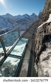 The Thrill Walk at Birg in the Swiss Alps. The steel structure hugs the cliff side and there is a vertical drop beneath. The views of the mountains are stunning. Not for the faint hearted.