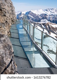 The Thrill Walk at Birg in the Swiss Alps. The steel structure hugs the cliff side and there is a vertical drop beneath. The views of the mountains are stunning. Not for the faint hearted.