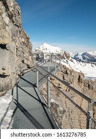 The Thrill Walk at Birg in the Swiss Alps. The steel structure hugs the cliff side and there is a vertical drop beneath. The views of the mountains are stunning. Not for the faint hearted.