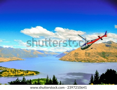 Thrilling ascent in Queenstown, New Zealand: Helicopter takes off from a mountain summit, revealing Lake Wakatipu's stunning blue waters. Ideal for adventure and scenic projects. 