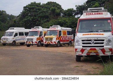 Thrissur, Kerala, India - 12-02-2020: Group Of Special Ambulance For Covid 19 Patients In Kerala. The National Health Mission (NHM) Was In Charge Of The 108 Ambulance.                               
