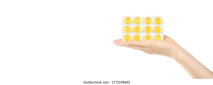 Throat ache pills in bister, isolated on white background. Copy space template, banner. - Shutterstock ID 1773198683