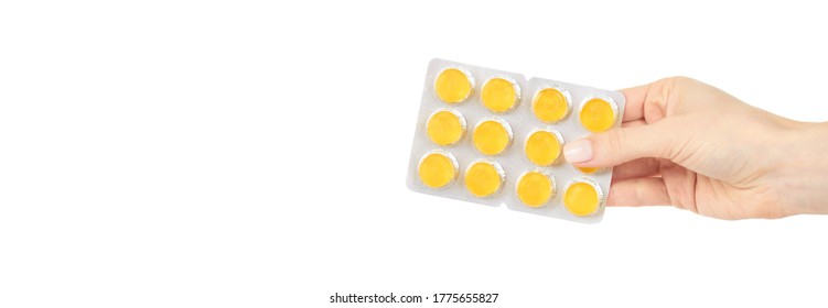 Throat ache pills in bister, isolated on white background. Copy space template, banner. - Shutterstock ID 1775655827