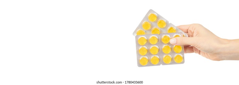 Throat ache pills in bister, isolated on white background. Copy space template, banner. - Shutterstock ID 1780433600