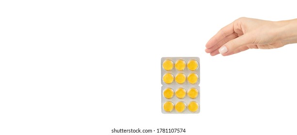 Throat ache pills in bister, isolated on white background. Copy space template, banner. - Shutterstock ID 1781107574