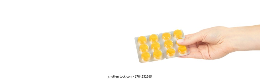 Throat ache pills in bister, isolated on white background. Copy space template, banner. - Shutterstock ID 1784232365