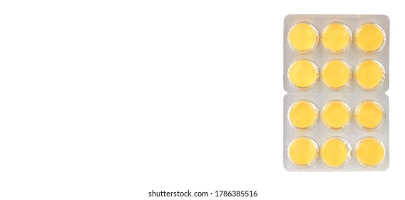 Throat ache pills in bister, isolated on white background. Copy space template, banner. - Shutterstock ID 1786385516