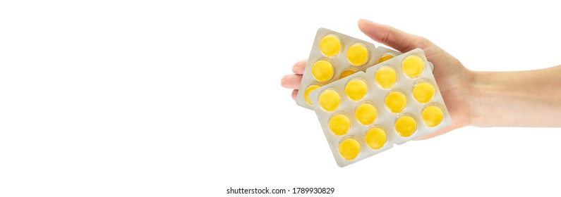 Throat ache pills in bister, isolated on white background. Copy space template, banner. - Shutterstock ID 1789930829