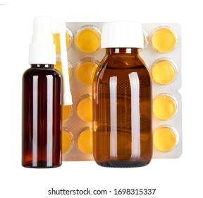 Throat ache pills in bister, spray and syrup, isolated on white background. - Shutterstock ID 1698315337