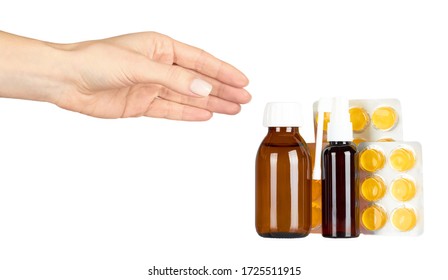 Throat ache pills in bister, spray and syrup with hand, isolated on white background. - Shutterstock ID 1725511915